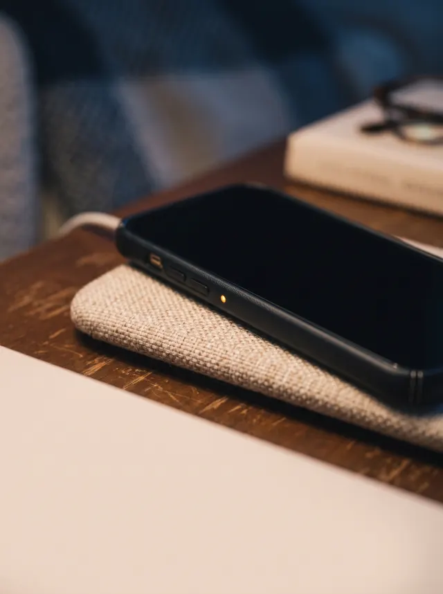 Smartphone charging on a fabric wireless pad, its amber indicator glowing in warm lamp light