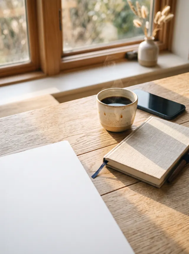 Smartphone on a wooden desk beside a steaming cup of coffee in morning light