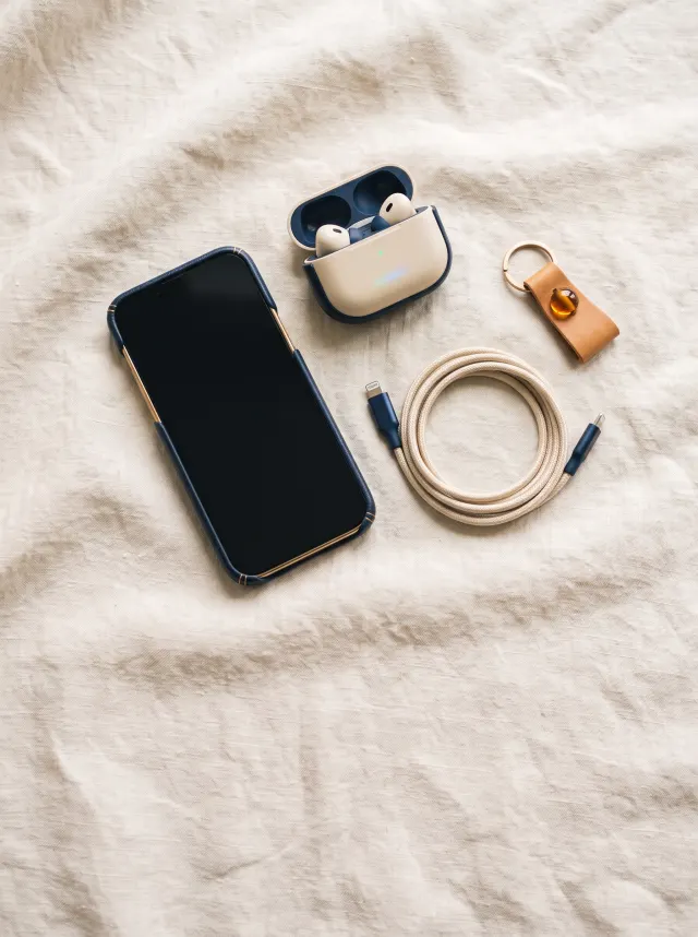 Flat lay of a smartphone in a navy case, wireless earbuds, braided cable and key fob on linen