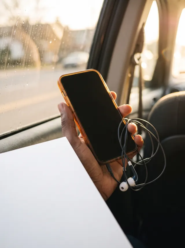 Hand holding a smartphone in an amber case with earbuds inside a car at golden hour