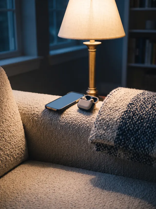 Smartphone and earbuds resting on a sofa arm beside a warm lamp at dusk