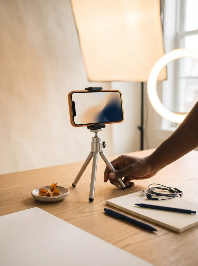 Smartphone mounted on a small tripod between a softbox and ring light